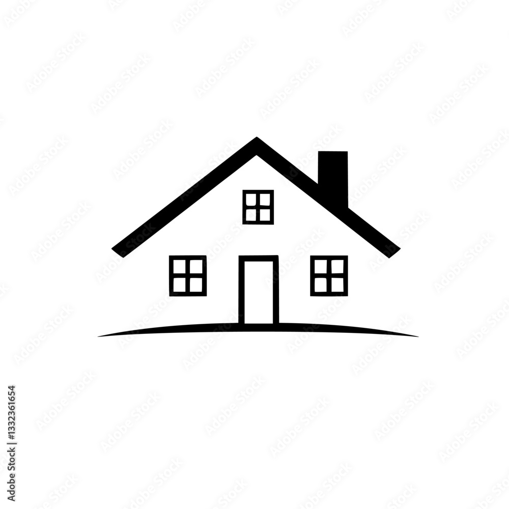 Minimalist black and white illustration of a house with a pitched roof, chimney, and three windows. Minimalist black and white illustration of a house with a pitched roof, chimney, and three windows.