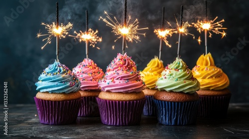 Assorted vivid cupcakes with sparklers for a birthday bash