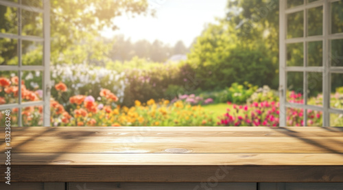 Sunny garden view from window with wooden surface