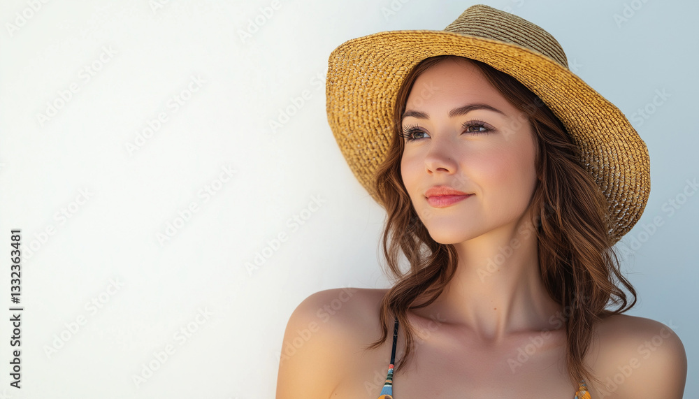 Summer Fashion Woman in Straw Hat, SunKissed Skin, Beach Vibes Summer Fashion Woman in Straw Hat, SunKissed Skin, Beach Vibes
