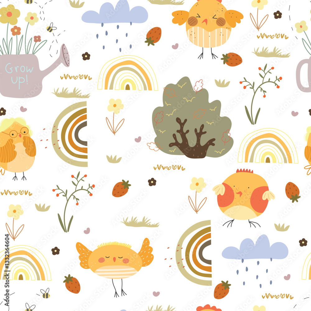 Seamless pattern with hand drawn chiks, plants and rainbows. Vector illustration for Easter. Seamless pattern with hand drawn chiks, plants and rainbows. Vector illustration for Easter.