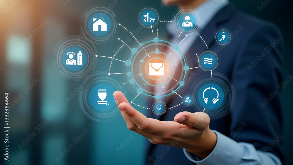 Hand Reviewing Holographic Business Audit Device: Compliance Data Analysis Icons in Empty Space Hand Reviewing Holographic Business Audit Device: Compliance Data Analysis Icons in Empty Space