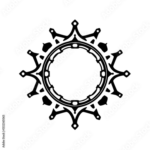 Intricate black and white circular decorative element with sun-like crown-shaped extensions, on a white background.