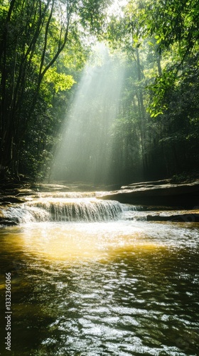 Sunlight filtering lush tranquil waterfall