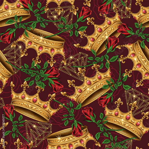 Vintage seamless pattern with medieval golden crown, red roses. Chaotic scattered objects. Luxury kitsch style.