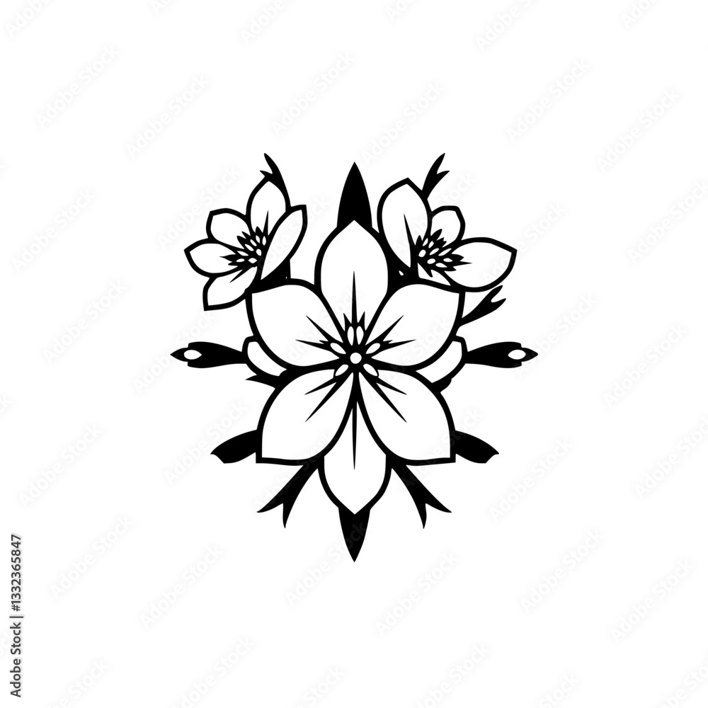 Fototapeta premium Vector floral illustration featuring three stylized flowers in a symmetrical composition, rendered in bold black against a crisp white background.
