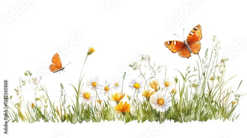 Border in spring with grass, butterfly, and flowers.