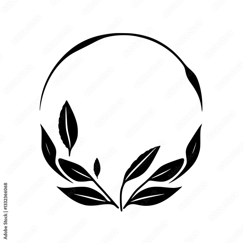 Minimalist Black & White Circular Floral Design, featuring stylized leaves and branches forming a botanical emblem against a plain background. Minimalist Black & White Circular Floral Design, featuring stylized leaves and branches forming a botanical emblem against a plain background.