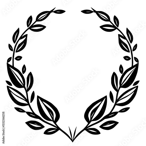 A symmetrical, elegant, black and white illustration of a laurel wreath composed of stylized leaves and branches, forming a circular border.