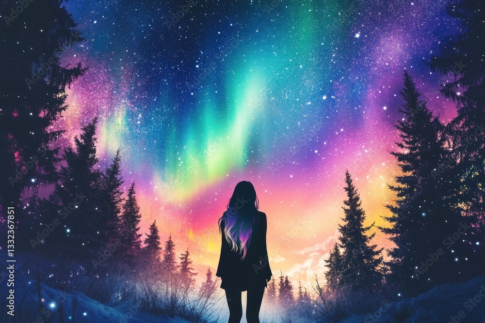 Fototapeta premium Colorful northern lights and starry night sky surrounded by tall trees