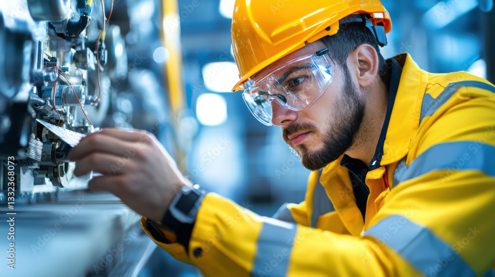Engineer inspecting machinery with safety gear, focused on details Engineer inspecting machinery with safety gear, focused on details