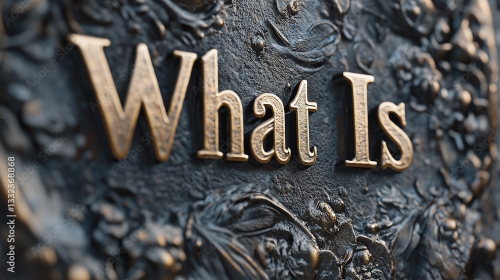 What Is embossed in gold letters on a dark textured surface with intricate designs What Is embossed in gold letters on a dark textured surface with intricate designs