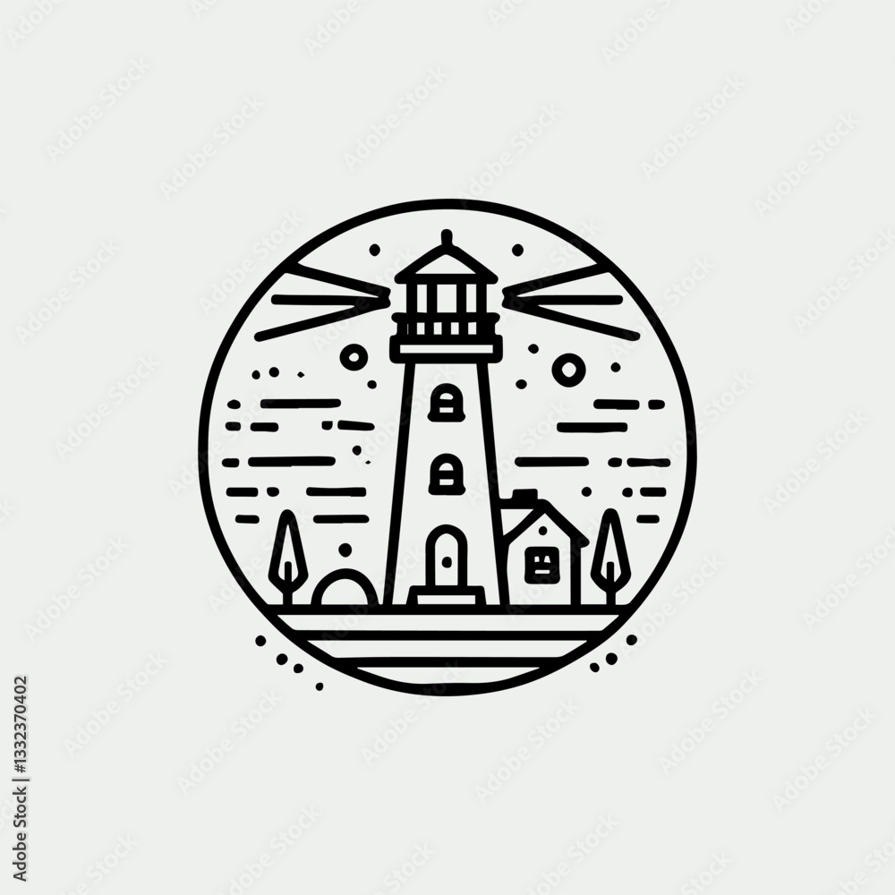 Naklejka premium Simple line art of lighthouse with shining light and geometric details. Architecture concept