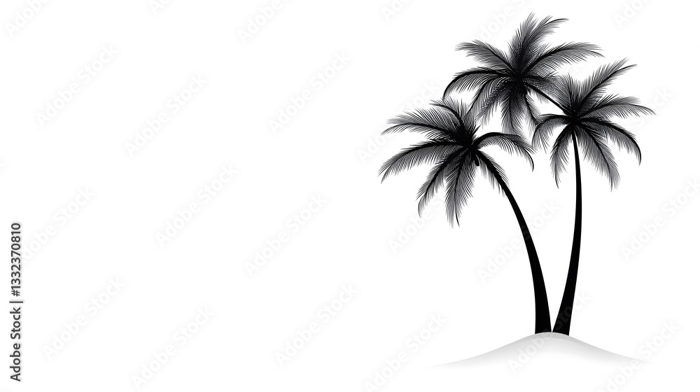 Obraz premium Silhouette of Three Palm Trees on White Background, Minimalist Tropical Design, Summer Vacation Concept.