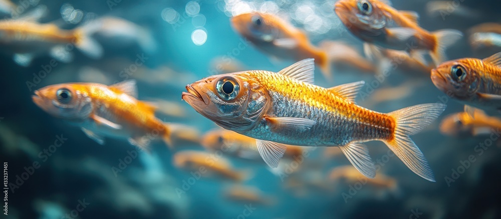 Fototapeta premium Vibrant orange fish school swimming underwater.