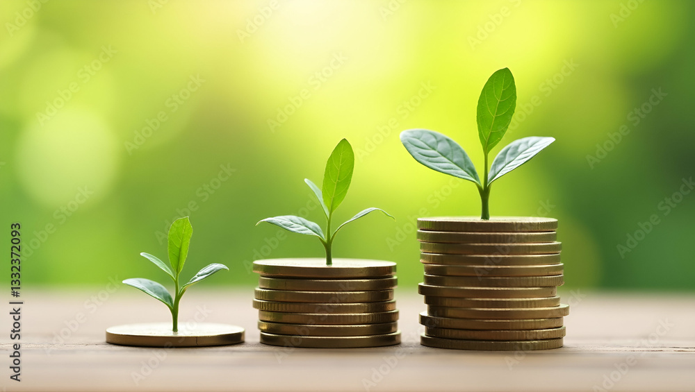 Illustration of Seedlings Growing on Stacked Coins: A Symbol of Financial Growth, Investment Strategies, and Money Saving for Business Profit - Stock Photo Concept Illustration of Seedlings Growing on Stacked Coins: A Symbol of Financial Growth, Investment Strategies, and Money Saving for Business Profit - Stock Photo Concept
