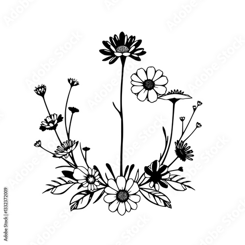 Intricate black and white botanical illustration of various daisy-like flowers arranged in a semi-circle or wreath-like composition.