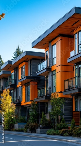 Wallpaper Mural Against a backdrop of clear blue skies, striking modern apartment buildings with bold orange and grey facades stand tall. Lush greenery and stylish balconies enhance the living experience Torontodigital.ca