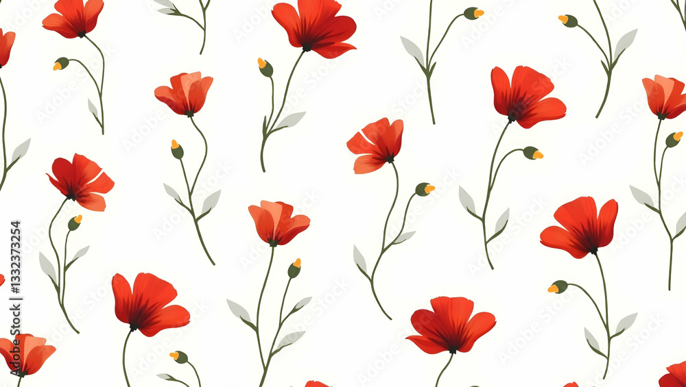 Vibrant Red Poppy Petals and Green Stems on White Background: Elegant Seamless Tile Pattern for Luxurious Bathroom Designs in Simple Flat Vector Style Vibrant Red Poppy Petals and Green Stems on White Background: Elegant Seamless Tile Pattern for Luxurious Bathroom Designs in Simple Flat Vector Style