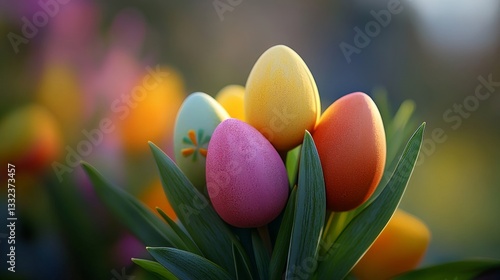 Colorful Easter eggs arranged in the shape of tulips