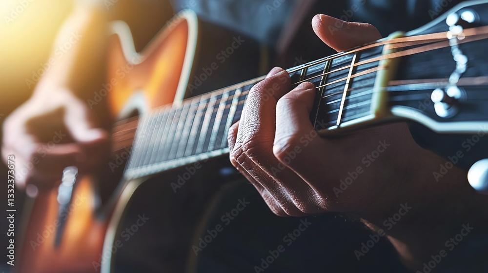 Close-Up of a Musician Playing Acoustic Guitar with Emphasis on Hand Position and String Interaction in Warm, Soft Light Background