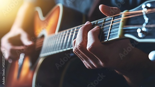 Obraz na płótnie Close-Up of a Musician Playing Acoustic Guitar with Emphasis on Hand Position and String Interaction in Warm, Soft Light Background w salonie