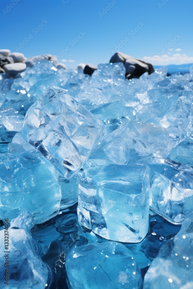 Glacial ice cubes floating in clear blue ocean waters under a bright sky in a serene natural setting Glacial ice cubes floating in clear blue ocean waters under a bright sky in a serene natural setting