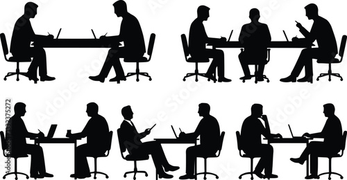 Black and white illustration of people working at desks with laptops in various poses, highlighting diverse working environments, posture styles, and the dynamic nature of modern office work.