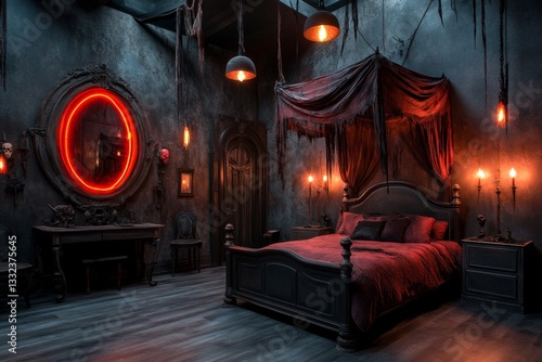 A spooky bedroom featuring an antique bed with a worn canopy, surrounded by old, dusty furniture and a cracked mirror reflecting a shadowy figure