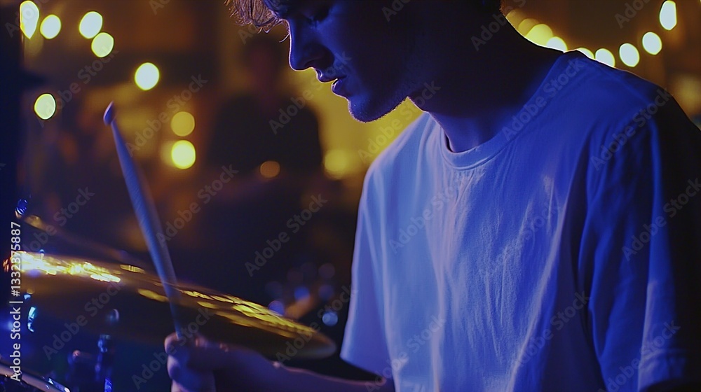 Young male drummer performing passionately on stage in a vibrant music venue with ambient lighting and dynamic atmosphere, capturing energy and artistry