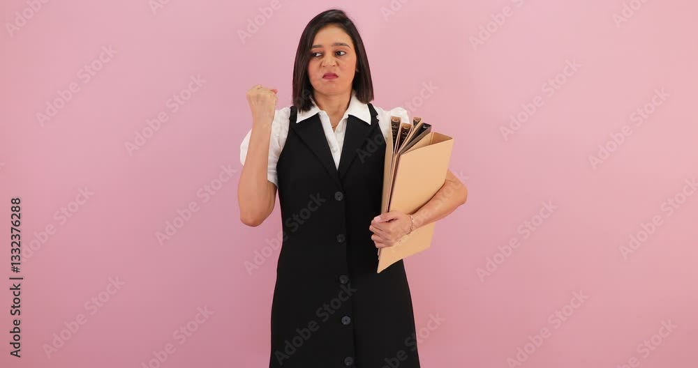 Unhappy and angry young South Asian woman pointing with furious to the folders she's holding Unhappy and angry young South Asian woman pointing with furious to the folders she's holding