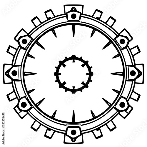 Circular Gear Mechanism with Spiked Edges, Detailed Mechanical Design, Centered Cogwheel, Isolated on White Background.