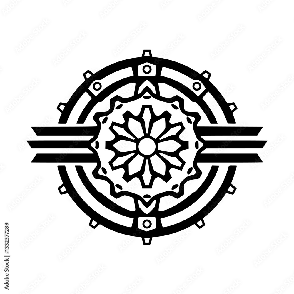 Fototapeta premium Intricate Black and White Mechanical Gear Design, Featuring Central Floral Motif, Circular Shape, and Radial Symmetry.