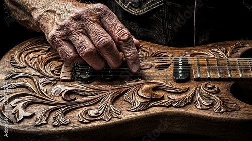 Intricate Wood Carving on Guitar with Close-Up Hand Placement Captures the Artistry and Craftsmanship of String Instrument Design