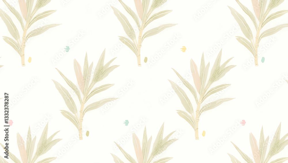 Naklejka premium Charming Shabby Chic Seamless Tile Pattern: Distressed Bamboo Leaves with Soft Pastel Accents on White Background for Elegant and Inviting Spaces - Perfect for Home Decor and Design