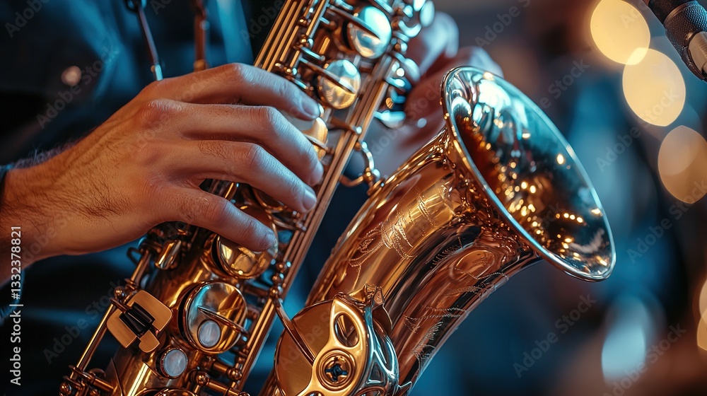 Close-Up of Hands Playing a Saxophone with Warm Lighting and Blurred Background for Jazz or Music-related Themes