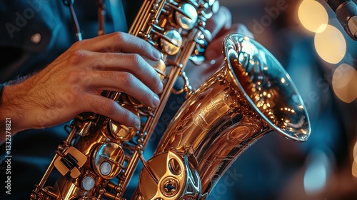 Obraz na płótnie Close-Up of Hands Playing a Saxophone with Warm Lighting and Blurred Background for Jazz or Music-related Themes w salonie