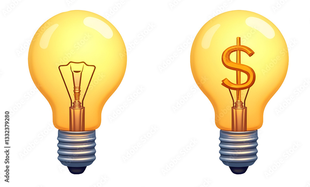 Two light bulbs, one with a filament and the other featuring a dollar sign, symbolizing ideas and financial concepts. Two light bulbs, one with a filament and the other featuring a dollar sign, symbolizing ideas and financial concepts.