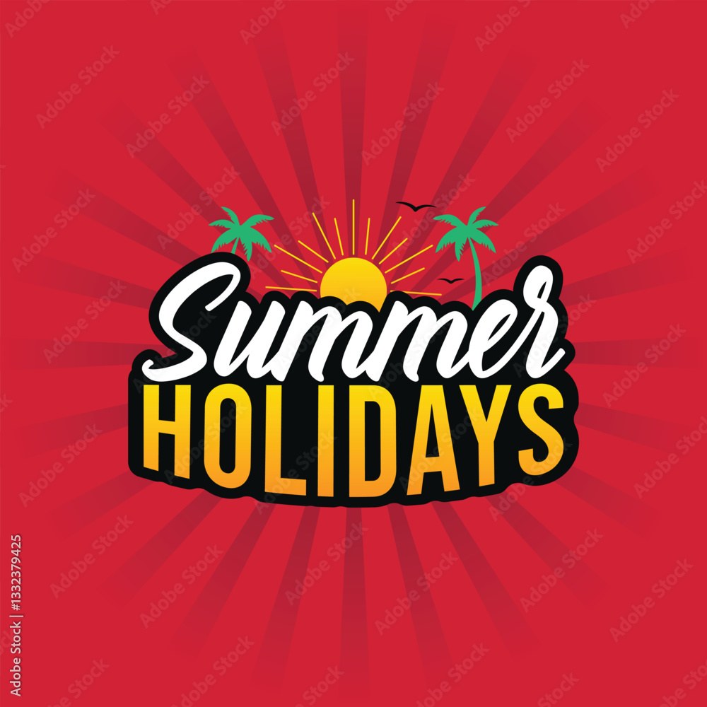 Summer Holiday banner design with 3D text and sun illustration on a red retro background. Perfect for discount labels, stickers, posters, billboards, and web banners. Summer Holiday banner design with 3D text and sun illustration on a red retro background. Perfect for discount labels, stickers, posters, billboards, and web banners.
