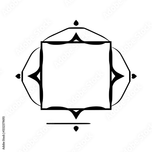 Elegant symmetrical black and white ornamental frame design with square interior, teardrop flourishes, and geometric detailing.