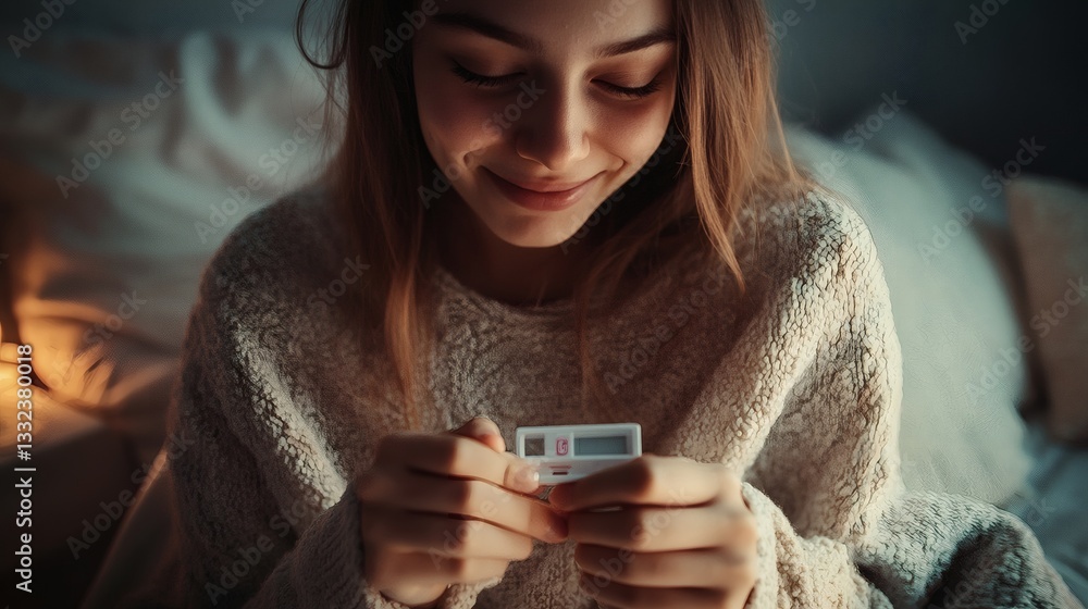 Fototapeta premium Woman smiles while holding a pregnancy test in her hands