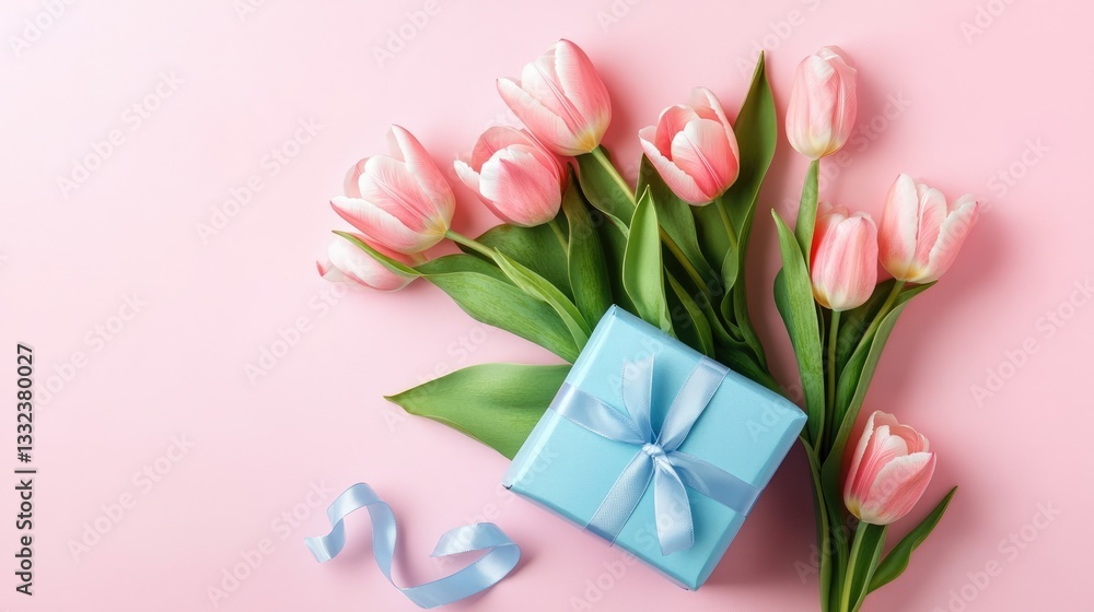 Mother's Day decor idea: Overhead shot of blue gift box, ribbon, pink tulip bouquet on soft pink backdrop with space for text Mother's Day decor idea: Overhead shot of blue gift box, ribbon, pink tulip bouquet on soft pink backdrop with space for text