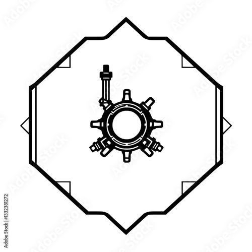 Geometric black and white illustration of a futuristic, mechanical, circular device with protruding elements, framed inside a diamond-shaped border.