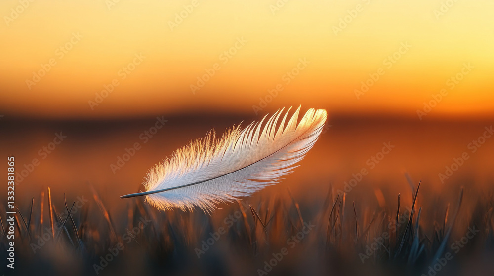 Hazy and dreamy, Delicate feather resting on grass during sunset glow. Hazy and dreamy, Delicate feather resting on grass during sunset glow.