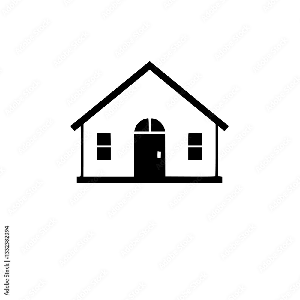Simplified Black and White House Icon Depicting a Simple Home with a Gable Roof, Door and Windows, against a White Backdrop. Simplified Black and White House Icon Depicting a Simple Home with a Gable Roof, Door and Windows, against a White Backdrop.