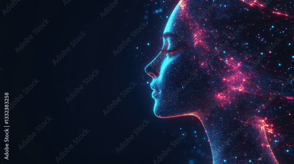 Abstract woman profile, glowing particles, dark background Abstract woman profile, glowing particles, dark background