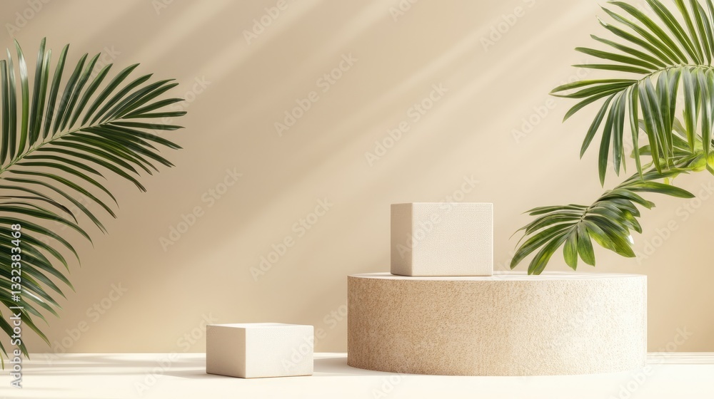 Fototapeta premium Product display with podium, boxes, and palm leaf on beige background.