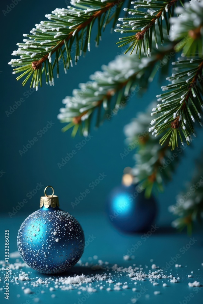 Frosted pine branches frame a single blue Christmas ornament , christmas, glass Frosted pine branches frame a single blue Christmas ornament , christmas, glass