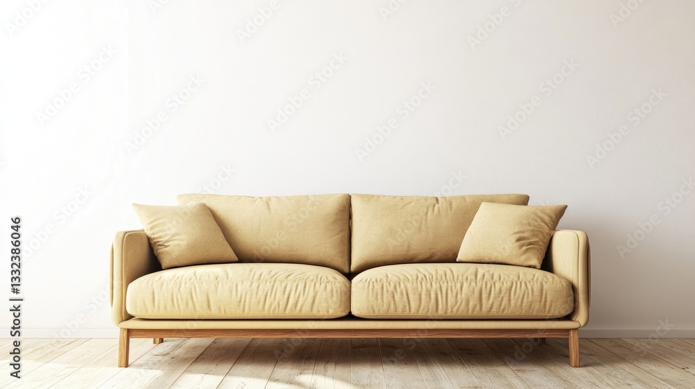Fototapeta premium Simple modern living room with beige sofa against white wall and empty space
