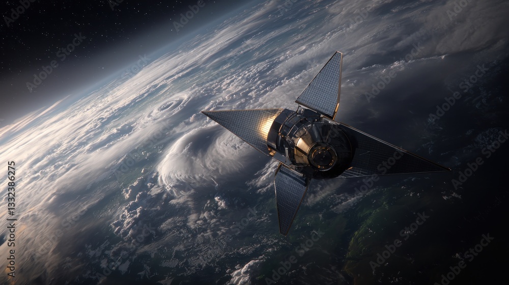 Obraz premium Spacecraft orbiting Earth, above a hurricane
